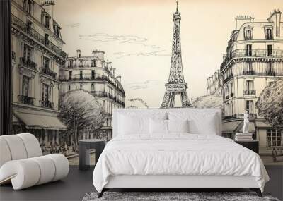 sketch drawing of Paris with Eiffel Tower on yellowed paper, retro drawing Wall mural