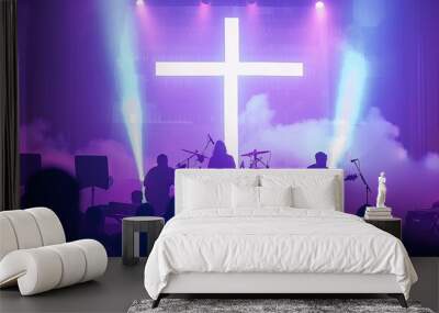 Church altar with a band performing, illuminated by bright lights and smoke, with a cross projected behind the musicians. Perfect for themes of worship and modern spirituality. Wall mural