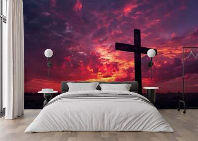 Cross amidst beautiful clouds, symbolizing faith and serenity. Perfect for themes of spirituality and divine inspiration. Wall mural