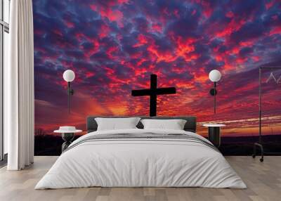 Cross amidst beautiful clouds, symbolizing faith and serenity. Perfect for themes of spirituality and divine inspiration. Wall mural