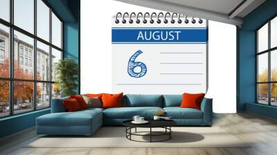 6 august calendar page vector. 3d one day calendar date appointment, holiday, deadline, event reminder illustration. Abstract three dimensional daily date calendar.  Wall mural