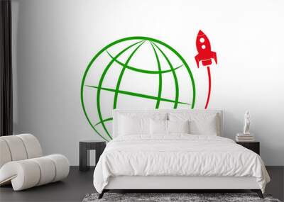 Abstract spaceship rocket launch icon, house, location pin, globe vector graphic. Creative spacecraft transport design to use for business goal, technology, science projects. Wall mural