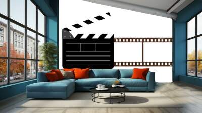 Clapper board, 2 frames 35mm film reel vector design isolated on white. 3d filmstrip movie production icon illustration to use for motion picture, television, cinema, film project. Wall mural