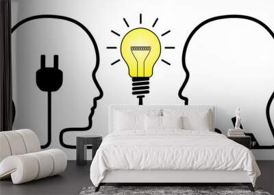 Teamwork concept graphic with two heads and yellow lightbulb. Partnership illustration to use in teamwork, idea, connection, innovation and knowledge design projects. Wall mural