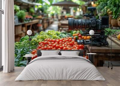 A camera is set up in front of a table full of tomatoes Wall mural