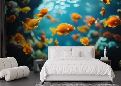 A group of orange fish swimming in a tank Wall mural