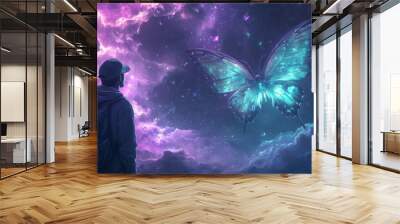 A man is looking at a butterfly in the sky Wall mural