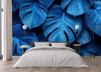 Blue Tropical Leaves with Dew Drops Wall mural