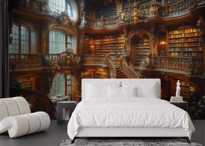 Grand Baroque Library With Winding Staircase Wall mural