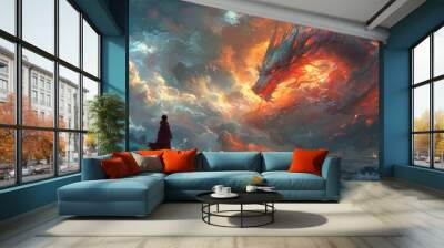 man with a dragon above the clouds Wall mural