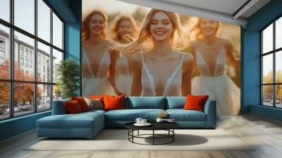 Three Beautiful Women Running Through Field at Sunset Wall mural