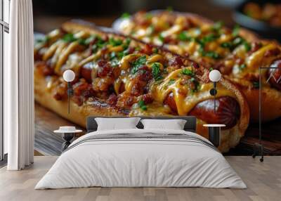 Two Delicious Hot Dogs Topped with Melted Cheese, Chili and Bacon Wall mural