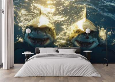 Two Great White Sharks Swimming in the Ocean Wall mural