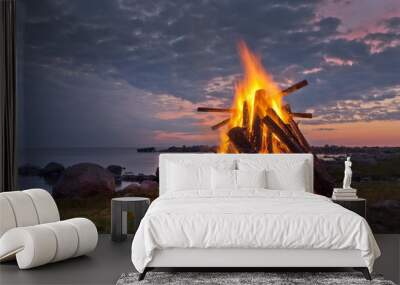 Bonfire in the Nordic summer night Wall mural