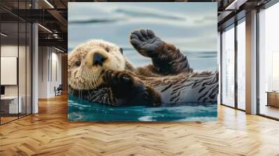 beautiful portrait of sea otter looking at you in the deep blue sea Wall mural