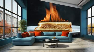 collection of beautiful portraits of burning toast on a white plate, on a black background Wall mural