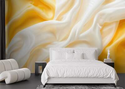 Yellow background with elegant white cloth, top view. Wall mural