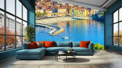 Landscape of Collioure city with harbor and sea in France Wall mural