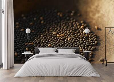 Close-Up of Black Chia Seeds on Rustic Plate with Warm Lighting Wall mural