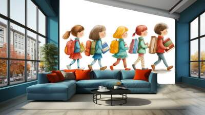 Group of Children Walking to School with Backpacks Wall mural