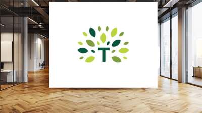 t letter tree leaf nature mark green logo vector icon illustration Wall mural