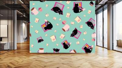 Cute cartoon cat and laptop vector seamless pattern background. Black feline, note book and coffee cups mint green backdrop. Fun business office design. All over print for working from home concept. Wall mural