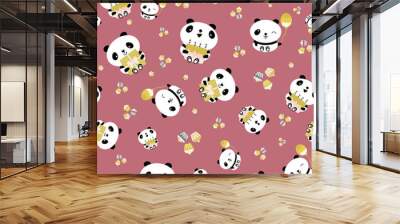 Kawaii panda Happy Birthday vector seamless pattern background. Cute backdrop with laughing cartoon bears holding cakes, balloons, cupcakes. Pink design. For baby and kids birthday celebration Wall mural