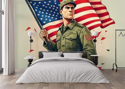 Veterans memorial independence day illustration military officer soldier man in uniform holding american flag weapon gun rifle Wall mural