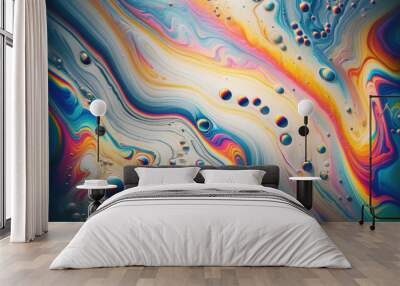 Multicolor oil and water interaction creating a psychedelic rainbow effect. Abstract artwork inspired by petrol spots. Luxury iridescent wallpaper. Contemporary trendy header, poster, design, cover Wall mural