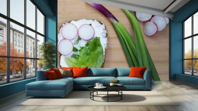 Sandwich with vegetables, herb and cream cheese on wooden table. Radish, green onion, salad, bread with bran. Healthy food. Wall mural