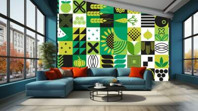 Abstract background of organic agricultural vegetarian food and simple figures in Bauhaus geometric style Wall mural