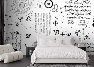 Abstract pattern of alchemical, esoteric, mystical symbols and unreadable handwritten scribbles. Seamless background with astrological icons and linear engravings with tarot card icons. Wall mural