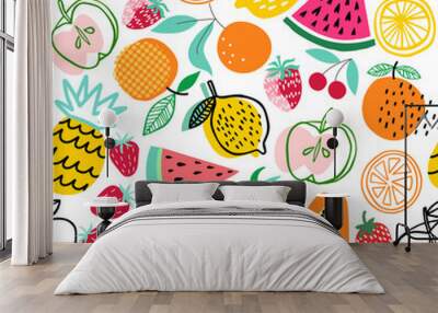 Fruit colorful hand drawn seamless pattern. Summer background Wall mural