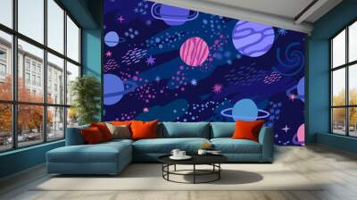 Vector space seamless pattern with star and planet Wall mural