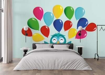 A cute owl has a happy smile and flips many colorful balloons. Greeting card for the holiday. Birthday Wall mural