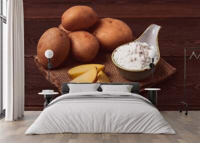 potato starch, on a wooden table, close-up, rustic style, no people, Wall mural