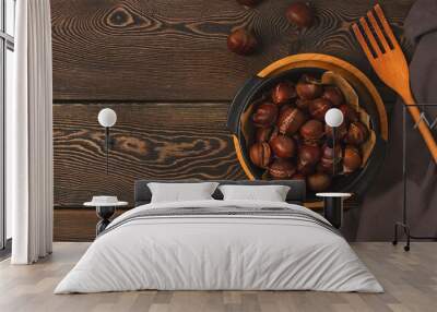 Roasted chestnut, on a wooden table, no people, Wall mural