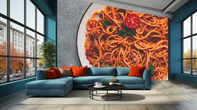 Spaghetti Bolognese, top view, close-up, no people, homemade, Wall mural