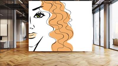 Beauty minimal stylish portrait of a beautiful girl with a curly red long hair. Fashionable laconic female image on white background for logo, icon, print, design. Colorful sketch, hand drawn vector Wall mural