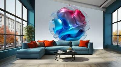 3D render of aesthetic abstract art sphere ball of alien flowy shapes in spherical wavy curves and twists in metallic transparent shiny matte material in red purple violet color with blue glow Wall mural