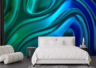 3D render of aesthetic abstract art with part of alien flowy shapes in spherical wavy curves and twists in metallic shiny matte material in green cyan blue color with blue glow light Wall mural