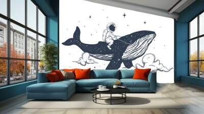 Astronaut and whale in the clouds Wall mural