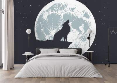 wolf howling to full moon on the precipice .Vector illustration Wall mural