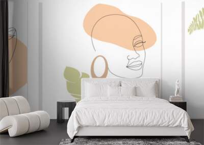 Set of three line art pictures. Line Art triptych, women faces, geometrical shapes and minimal plant leaves. Banner, vector illustration, trendy design. Wall mural