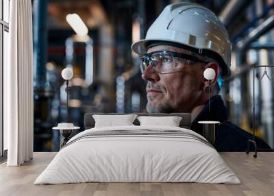 A man wearing a safety helmet and safety glasses stands in a factory. Wall mural