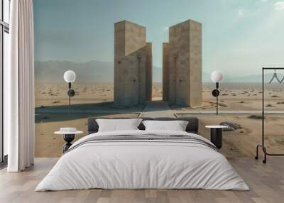 Two Monolithic Concrete Structures in the Vast Expanses of a Desert Landscape Wall mural