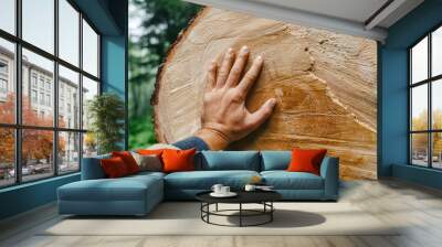 The hand of man touches the trunk of a felled tree with annual rings. Man and ecology. Wall mural