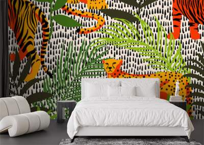 Bright colorful tropical seamless pattern with exotic african animals. Leopard and tiger with abstract fantasy flowers and plants. Nature jungle pattern with simple geometric dashed lines texture. Wall mural