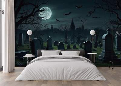 A creepy graveyard at night with old, crooked tombstones, glowing eyes peering from the darkness Wall mural