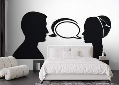 Man and woman faces profiles with speech bubbles for text, concept of communication Wall mural